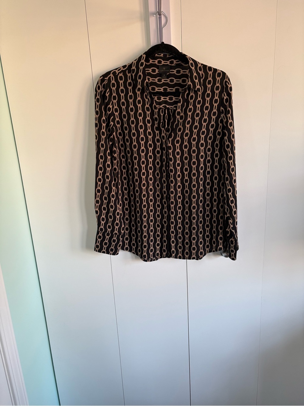 Worthington Black Blouse with Beige Chain Print